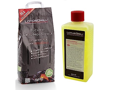 LotusGrill Buchenholzkohle 2X 2,5 kg Sack inkl. LotusGrill Brennpaste 500 ml, beides entwickelt für raucharmes Grillen mit dem LotusGrill