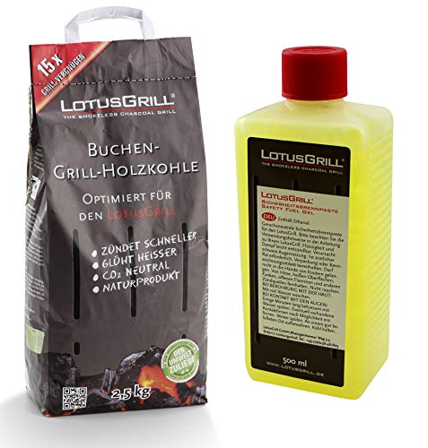 LotusGrill Buchenholzkohle 2,5 kg Sack inkl. LotusGrill Brennpaste 500 ml, beides entwickelt für raucharmes Grillen mit dem LotusGrill